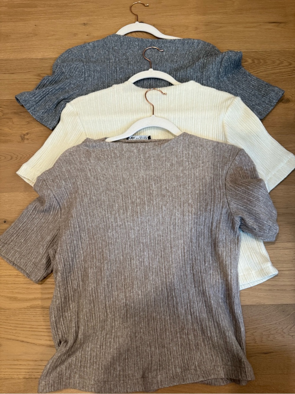 Zara Ribbed Short Sleeve Knit Top Trio - Gray, Cream, Taupe